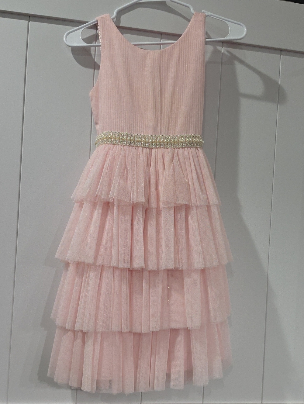 Girls' Pale Pink Tiered Tulle Dress with Beaded Waist